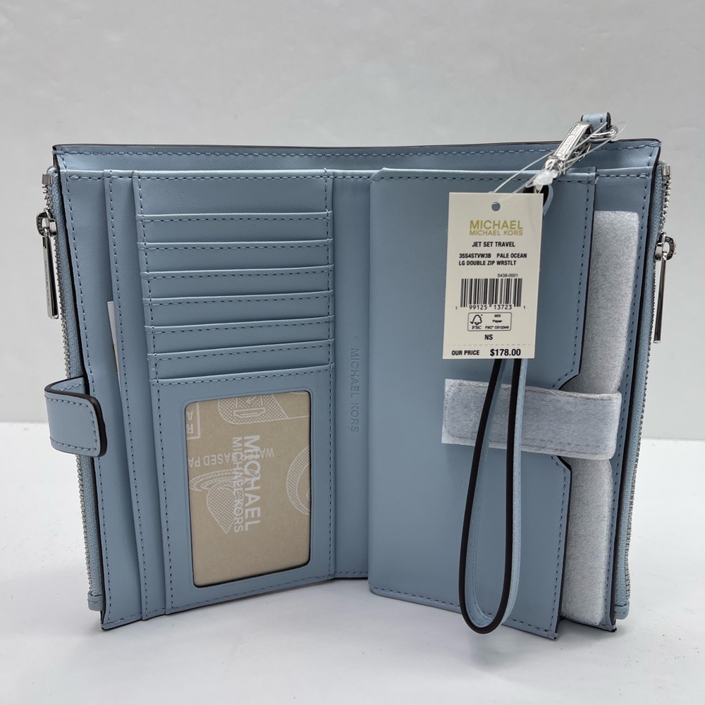 MICHAEL KORS JST Lg Double Zip Signature Logo Wristlet Wallet 
Pale Ocean 
NWT - Picture 7 of 16